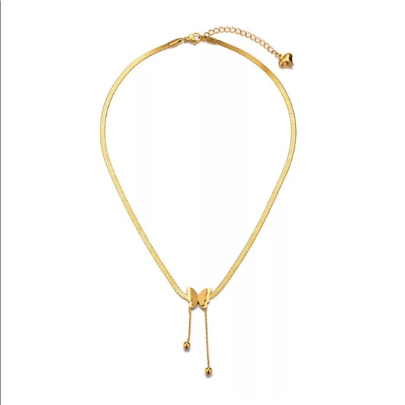 Butterfly Pendant Split Herringbone Gold Necklace - Picture 5 of 6